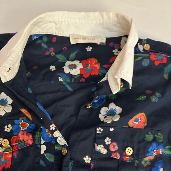 TORY BURCH Pansy Floral Print Button Down Shirt Contrast Collar - Picture 6 of 9